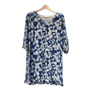 Poetry Dress 100% Silk Shift Dress 3/4 Sleeve Blue Taupe Size 18 Plus Lined